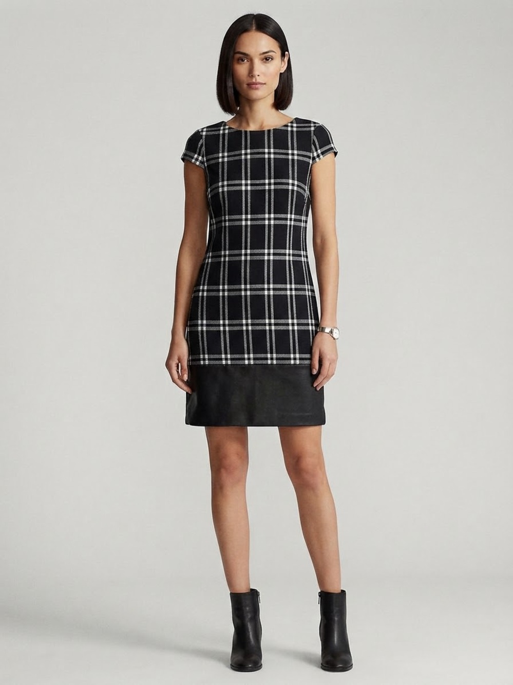 Muse Black Plaid Cap-Sleeve Shift Dress with Black Hem